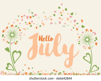 Summer vector card with dandelion flower, feather fluff heart shaped. Seasonal banner with blowing ball meadow plants. Love symbols, flying hearts petals on light background. Hello July banner.