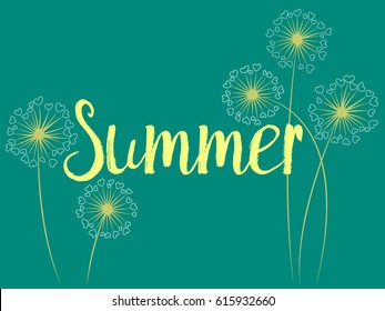 Summer vector card with dandelion flowers. Heart shaped feather. Colorful illustration with yellow text and dark aquamarine, green background. Seasonal blowball pattern. Fluff love symbols design. 