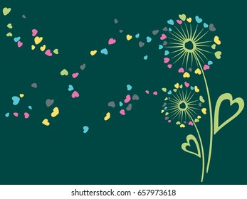 Summer vector card with dandelion flowers which feather has heart shape. Flying petals, blow ball seeds illustration on green background. Seasonal banner with fluff love symbols design. 