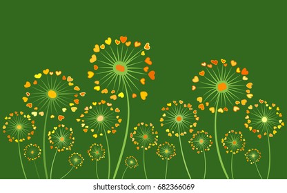 Summer vector card with dandelion flowers with heart shaped feather fluff. Colorful yellow and orange illustration on green background. Seasonal banner with blowing ball pattern. Love symbols.