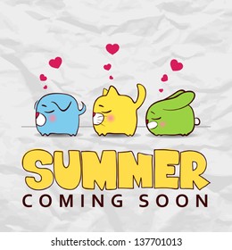 Summer vector card with funny cartoon dog,cat and mouse.