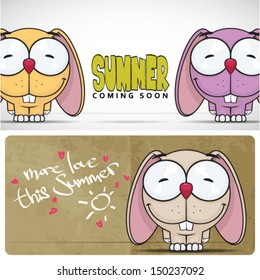 Summer vector card with funny cartoon rabbit.