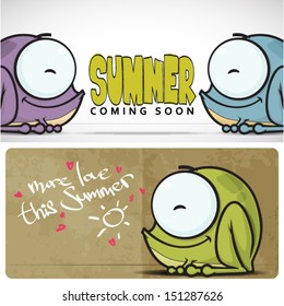 Summer vector card with funny cartoon frog.