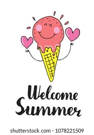 Summer vector card. Hand drawn doodle decor with ice-cream and hearts, lettering. Colorful design for prints, posters, T-shirt. Sweet dessert.