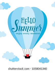 Summer vector card with hot air balloon in the sky with clouds. Flat cartoon design. Vector illustration