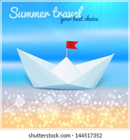 Summer vector card with paper boat on shining beach
