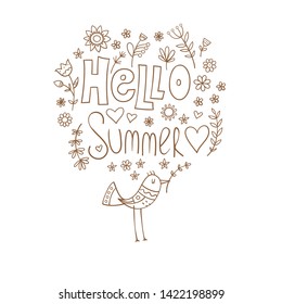 Summer vector card with plants and bird. Children's illustration. Doodle image.
