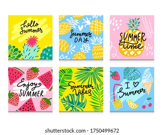 Summer vector card set. Hello summer illustrations for card, flyer, banner, poster, social media design template. Colorful ice cream, pineapple, watermelon, cactus, tropical leaves