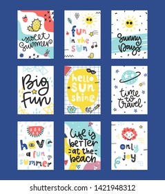 Summer vector cards collection. Colorful doodle  posters with phrases and different elements.