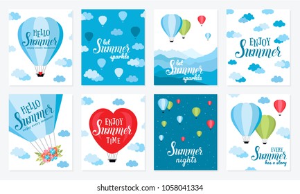 Summer vector cards with hot air balloon in the sky with clouds. Flat cartoon design. Vector illustration