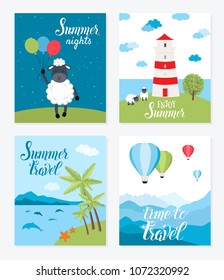 Summer vector cards with hot air balloon in the sky with clouds, lighthouse, sheeps, dolphins. Flat cartoon design. Vector illustration