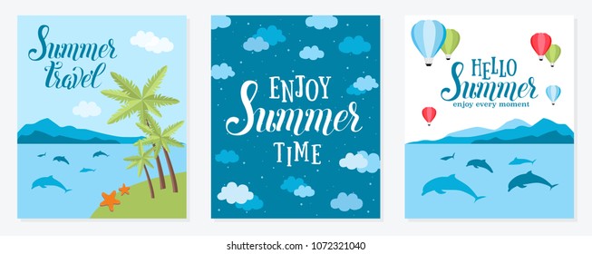 Summer vector cards with hot air balloon in the sky with clouds, lighthouse, dolphins and palms. Flat cartoon design. Vector illustration