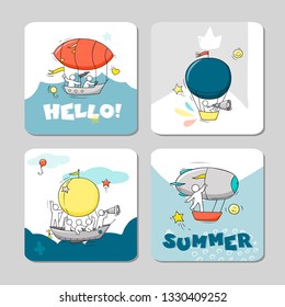 Summer vector cards set with hot air balloons in the sky with clouds. Doodle cartoon vector illustration.