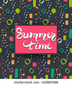 Summer vector card.Trendy lettering design. Colorful, bright colors poster. Awesome Illustration in sketch style.Hand drawn vacation greeting card. Seamless pattern on a background.