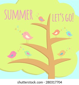 Summer vector cartoon background with birds on tree