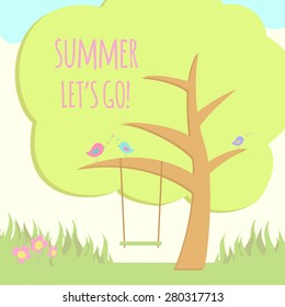 Summer vector cartoon background with birds on tree