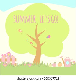 Summer vector cartoon background with birds on tree