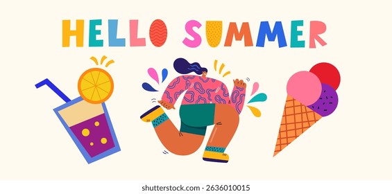 Verão vetor desenho animado ilustração moderna com símbolos de verão. Olá design colorido de verão	