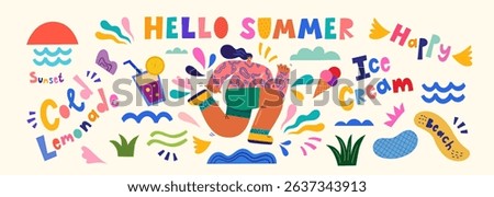 Summer vector cartoon modern illustration with summer symbols. Hello summer colorful design	