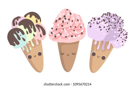 Summer vector cartoon poster with funny ice cream character illustration with emotion