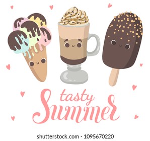 Summer vector cartoon poster with funny ice cream character illustration with emotion