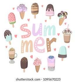 Summer vector cartoon poster with funny ice cream character illustration with emotion