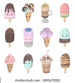 Summer vector cartoon set with funny ice cream character illustration with emotion