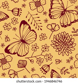 summer vector cheerful seamless pattern with contour pattern of stylized decorative butterflies and flowers
