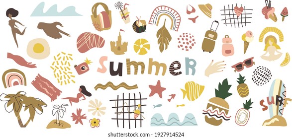 Colección de imágenes de clip vectorial de verano. Conjunto de ilustraciones abstractas y coloridas minimalistas. Mujeres, playa, mar, océano, vacaciones, viajes. Ideal para presentaciones, tarjetas, patrones, folletos, uso web.