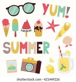 Summer Vector Clip Art Set. Funny Cartoon Objects And Lettering: Sunglasses, Ice Cream Cones, Seashells, Camera, Lemonade. Isolated On Background.