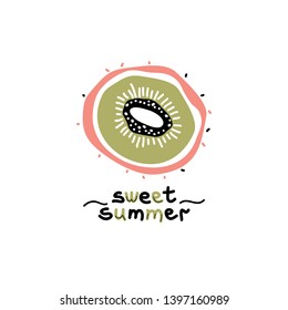 Clipart vector de verano. Decorativo kiwi plano con letras dibujadas a mano. Dulce verano. Elemento de diseño para banners, tarjetas, textiles al estilo escandinavo.
