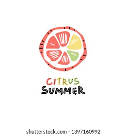 Summer vector clipart. Decorative flat citrus fruit with hand drawn lettering. Citrus summer. Design element for banners, cards, textiles in the Scandinavian style.