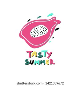Summer vector clipart. Decorative flat dragon fruit with hand drawn lettering. Tasty summer. Design element for summer banners, cards, textiles with paper cut effect.
