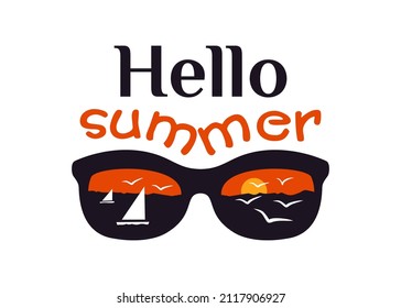 Summer vector clipart isolated on a white background. The phrase Hello Summer with sunglasses with sunset above water, silhouettes of birds, and sailing boats.