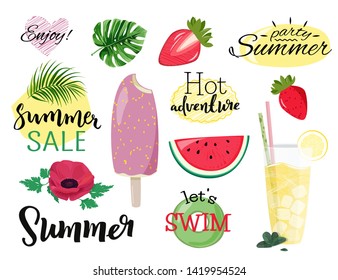 Summer vector collection. Set of hand drawn images ice cream, lemonade, watermelon, summer sale, anemone flower.