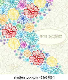 Summer vector with colored flying flowers on a gray background