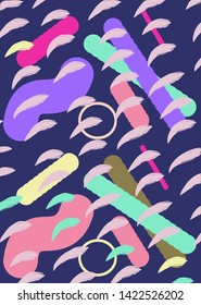 Summer vector colorful pattern in statement funky colors, geometric abstract shapes, brush strokes and tropical vibe. Cool pattern, vibrant, neon pastel palette of pink, blue, lilac, coral, mint green