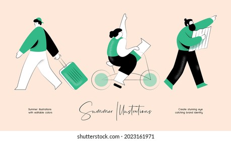 Summer vector colourful illustration set of people activity