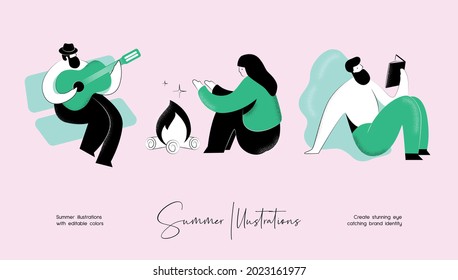 Summer vector colourful illustration set of people activity