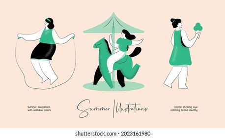 Summer vector colourful illustration set of people activity