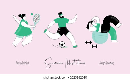 Summer vector colourful illustration set of people activity
