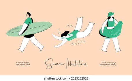 Summer vector colourful illustration set of people activity