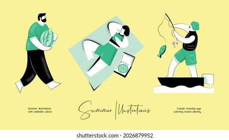 Summer vector colourful illustration set of people activity