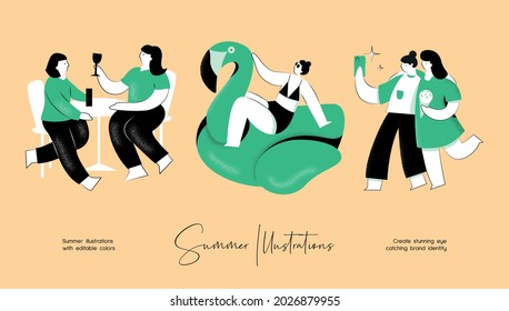 Summer vector colourful illustration set of people activity