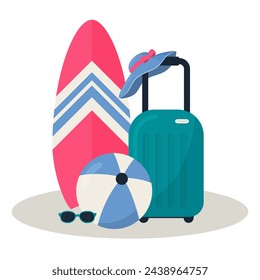 summer vector composition with laggage, ball and surfboard