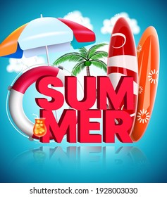 Summer vector concept design. Summer 3d text with surfboard, lifebuoy and umbrella beach element in blue background for relax tropical holiday season. Vector illustration