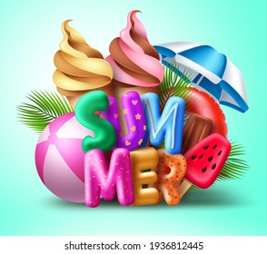 Summer vector concept design. Summer 3d text with colorful beach elements like ice cream, popsicle, floater, and beachball for holiday tropical season. Vector illustration. 