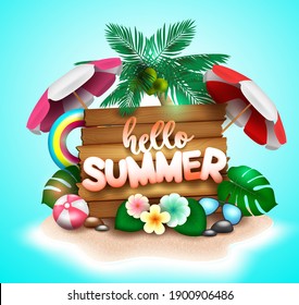 Summer vector concept design background. Summer text in beach island with umbrella and coconut palm tree elements for holiday vacation season. Vector illustration