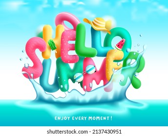 Summer vector concept design. Hello summer greeting colorful 3d text in water splash with hat, popsicles and sunglasses elements for enjoy tropical holiday vacation. Vector illustration.
