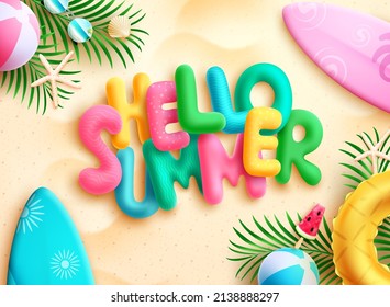 Summer vector concept design. Hello summer greeting 3d text in beach sand background with tropical season elements for outdoor holiday vacation. Vector illustration.
